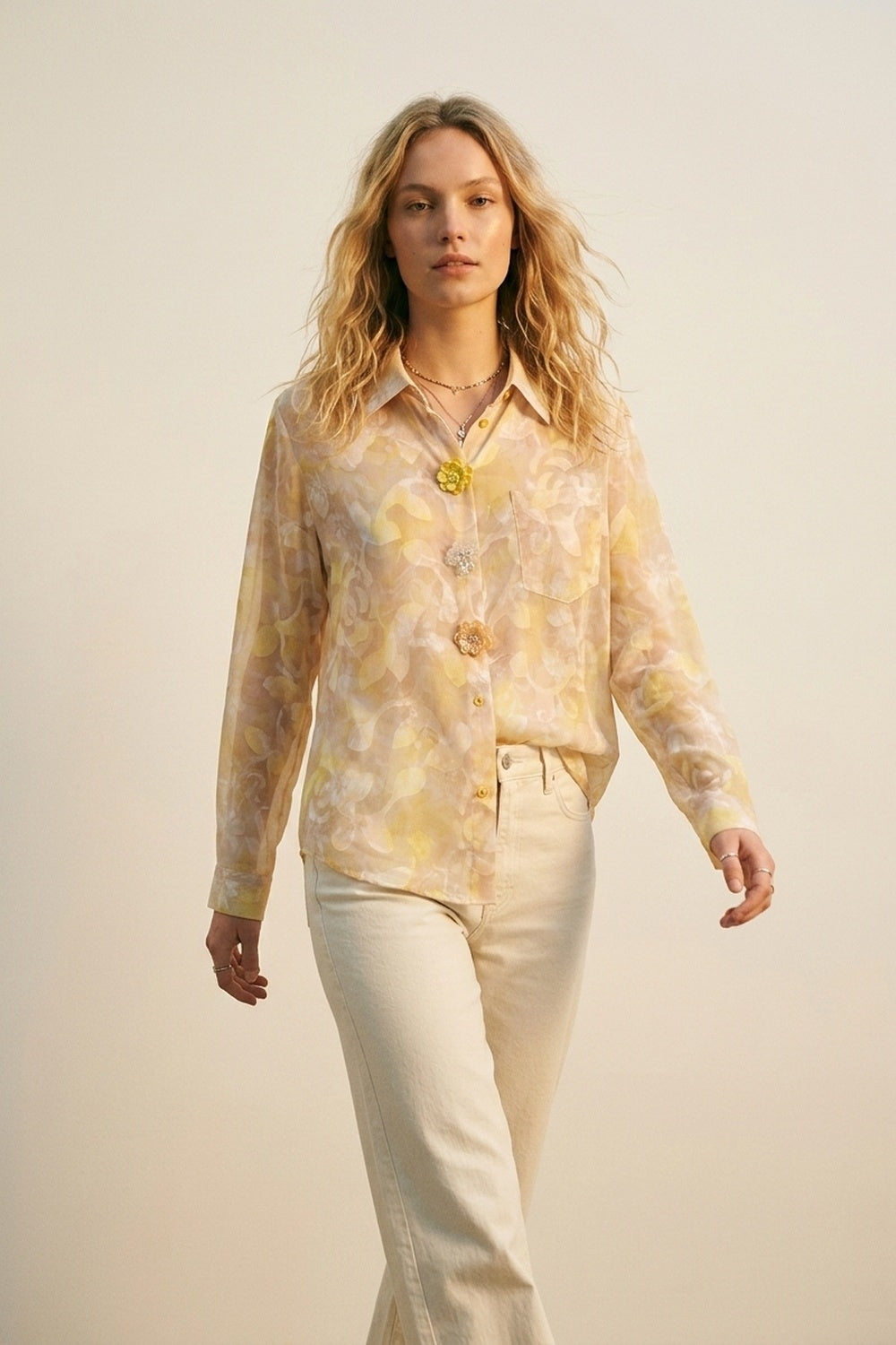 Q2 Camisa de Botão com Estampa Floral de Manga Longa