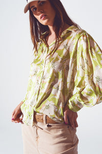 Camisa de chiffon com estampado floral em verde