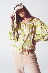 Q2 Camisa de chiffon com estampado floral em verde