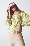 Q2 Camisa de chiffon com estampado floral em verde