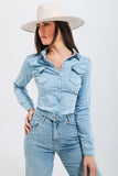 Camisa de ganga tipo western em azul claro