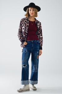 camisa de leopardo com pormenor em cetim preto