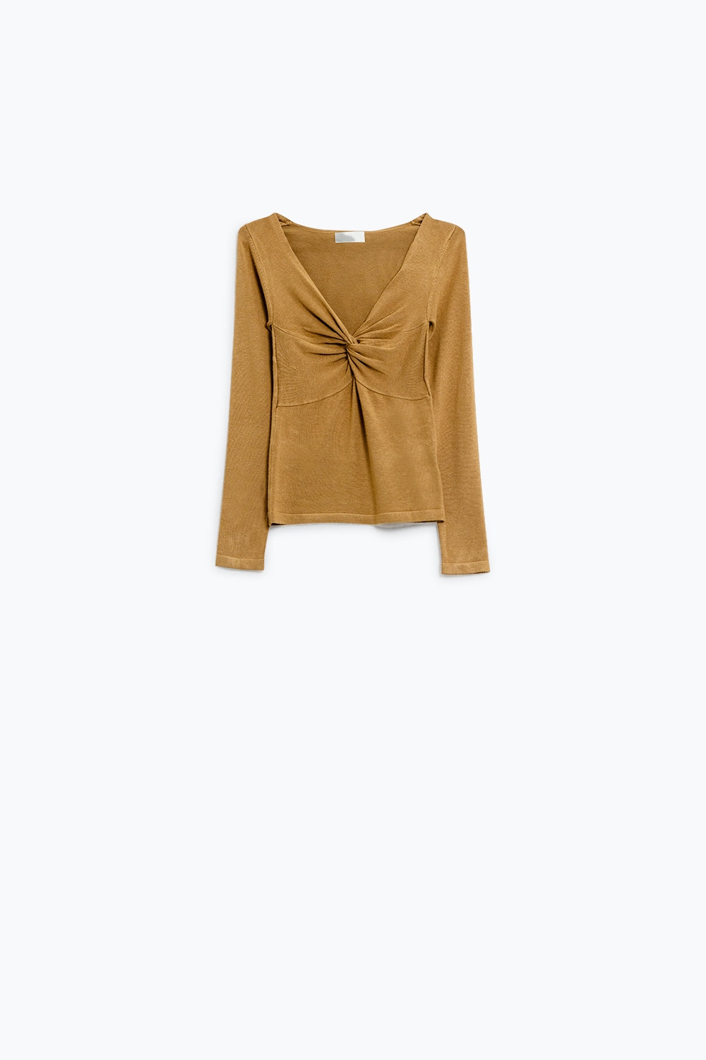 Q2 Camisa de manga comprida Beige com pormenor de nó e decote em V