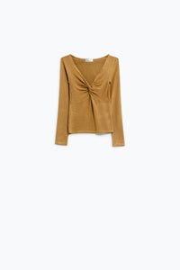 Q2 Camisa de manga comprida Beige com pormenor de nó e decote em V