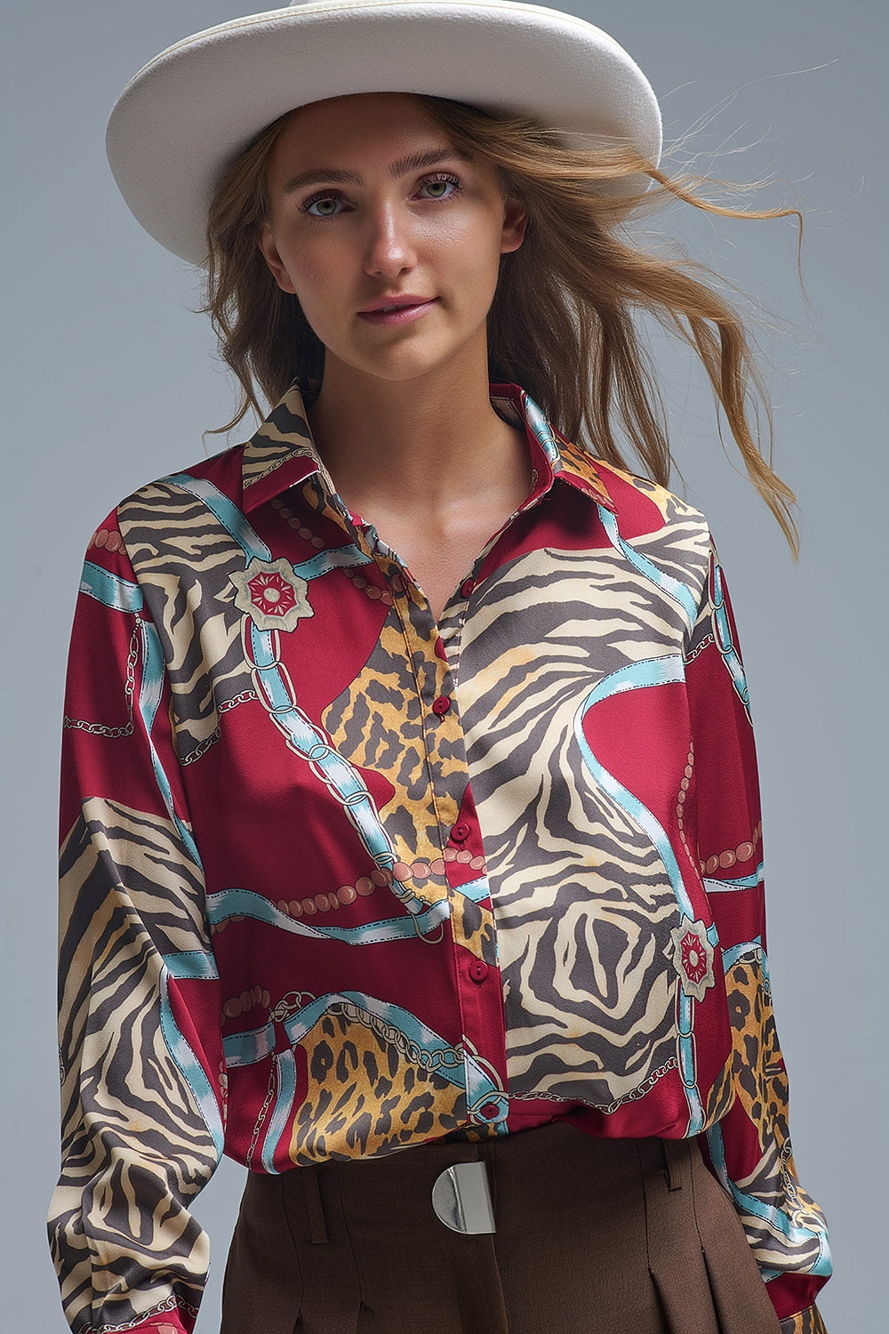 Camisa de manga comprida com estampado abstrato vermelho arrojado