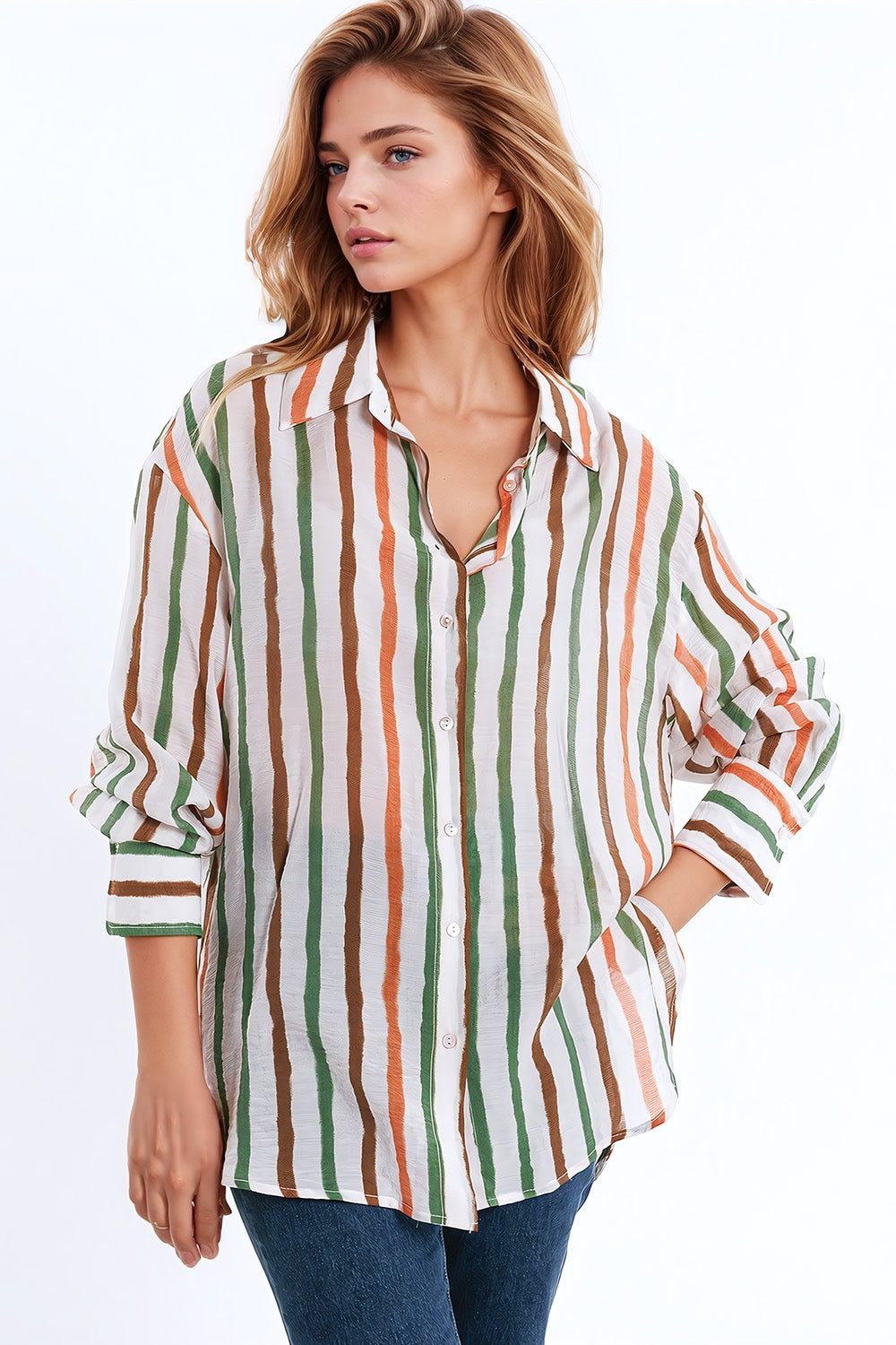 Q2 camisa de manga comprida em chiffon com riscas multicoloridas verdes e castanhas