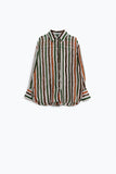 camisa de manga comprida em chiffon com riscas multicoloridas verdes e castanhas