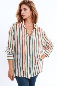 Q2 camisa de manga comprida em chiffon com riscas multicoloridas verdes e castanhas