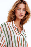 camisa de manga comprida em chiffon com riscas multicoloridas verdes e castanhas