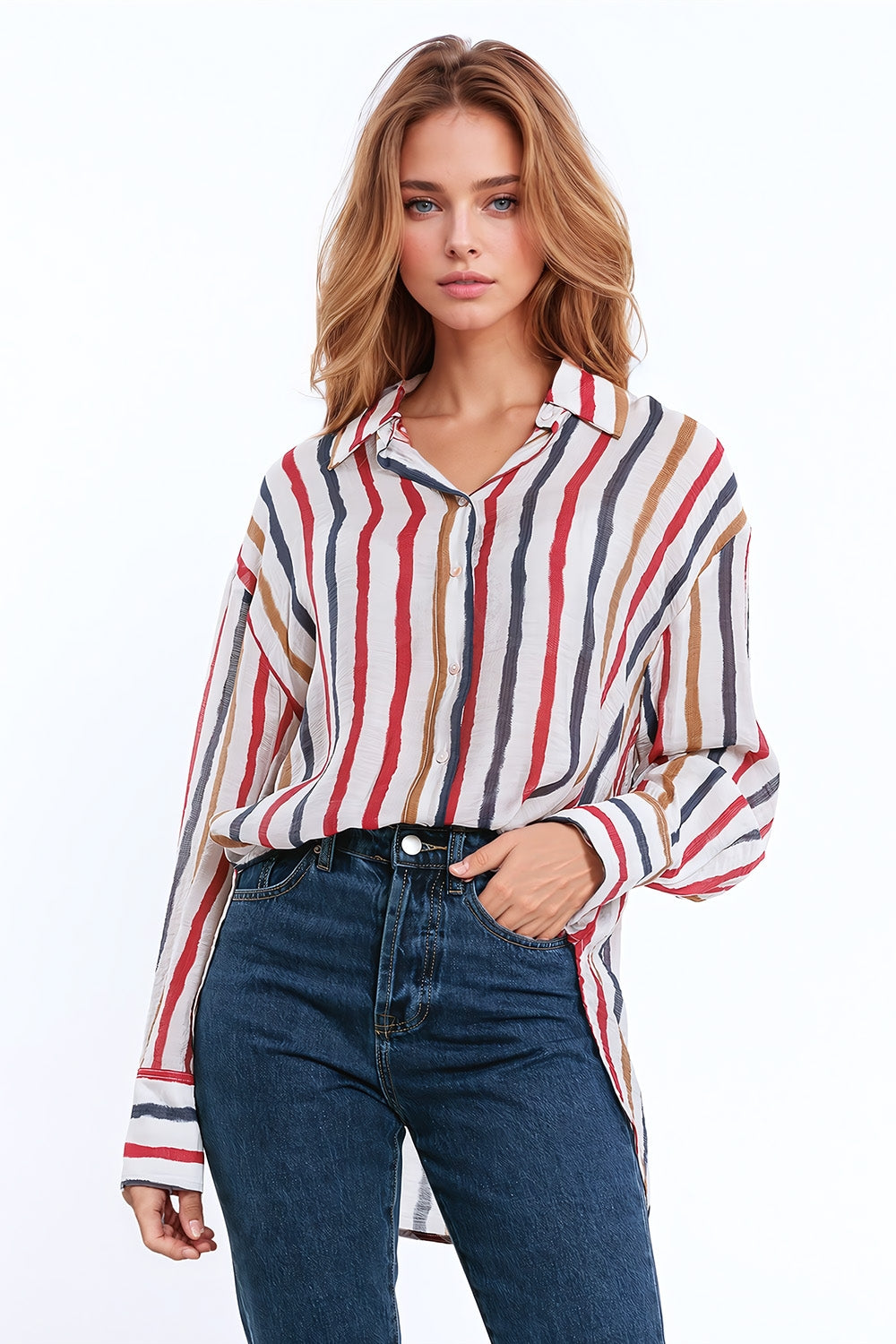 Q2 Camisa de manga comprida em chiffon com riscas multicoloridas vermelho e azul-marinho