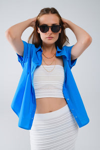 Camisa de manga curta com botões descontraída em azul