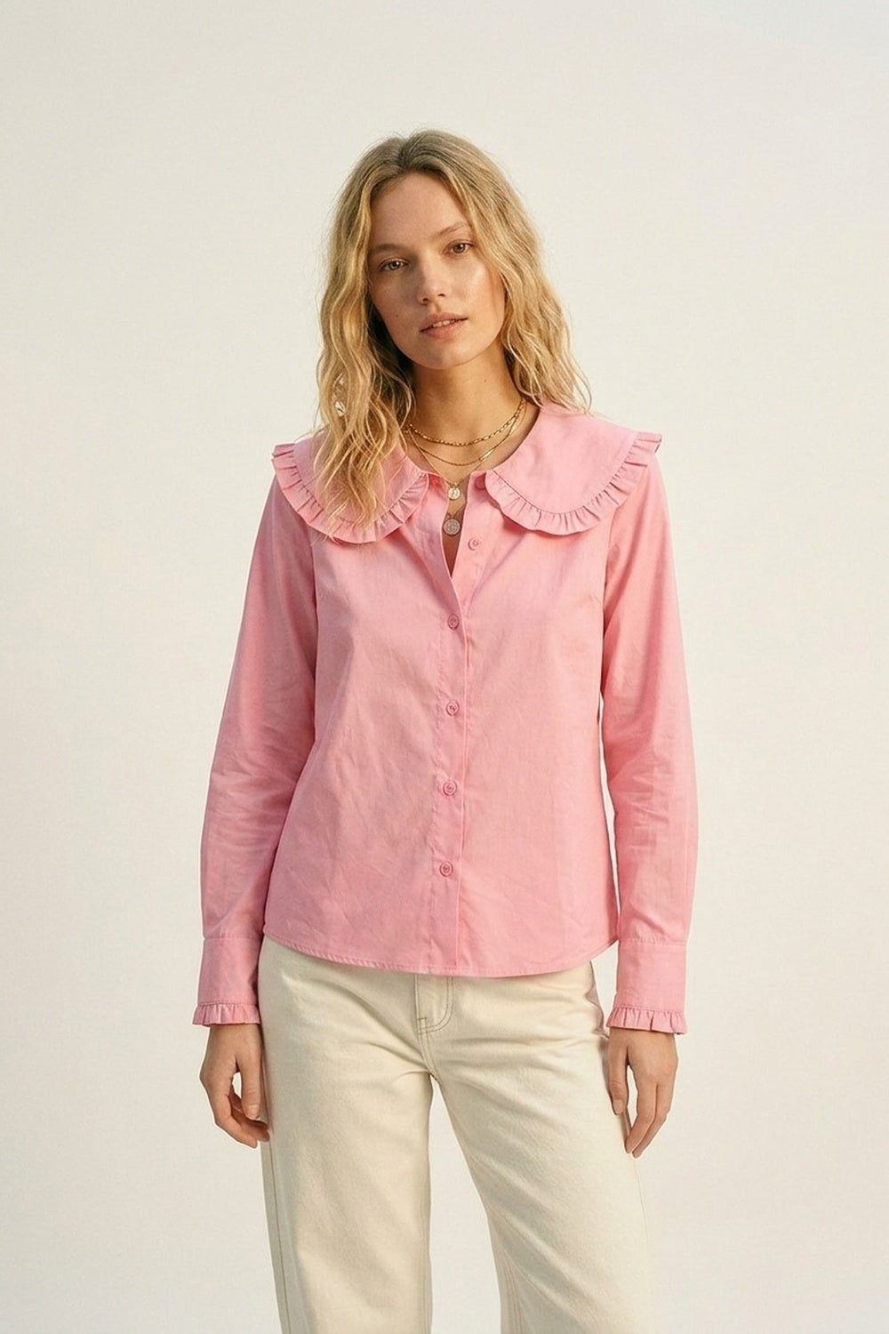 Q2 Camisa de Manga Longa com Babado em Popeline de Algodão Rosa com Gola Estilo Prairie