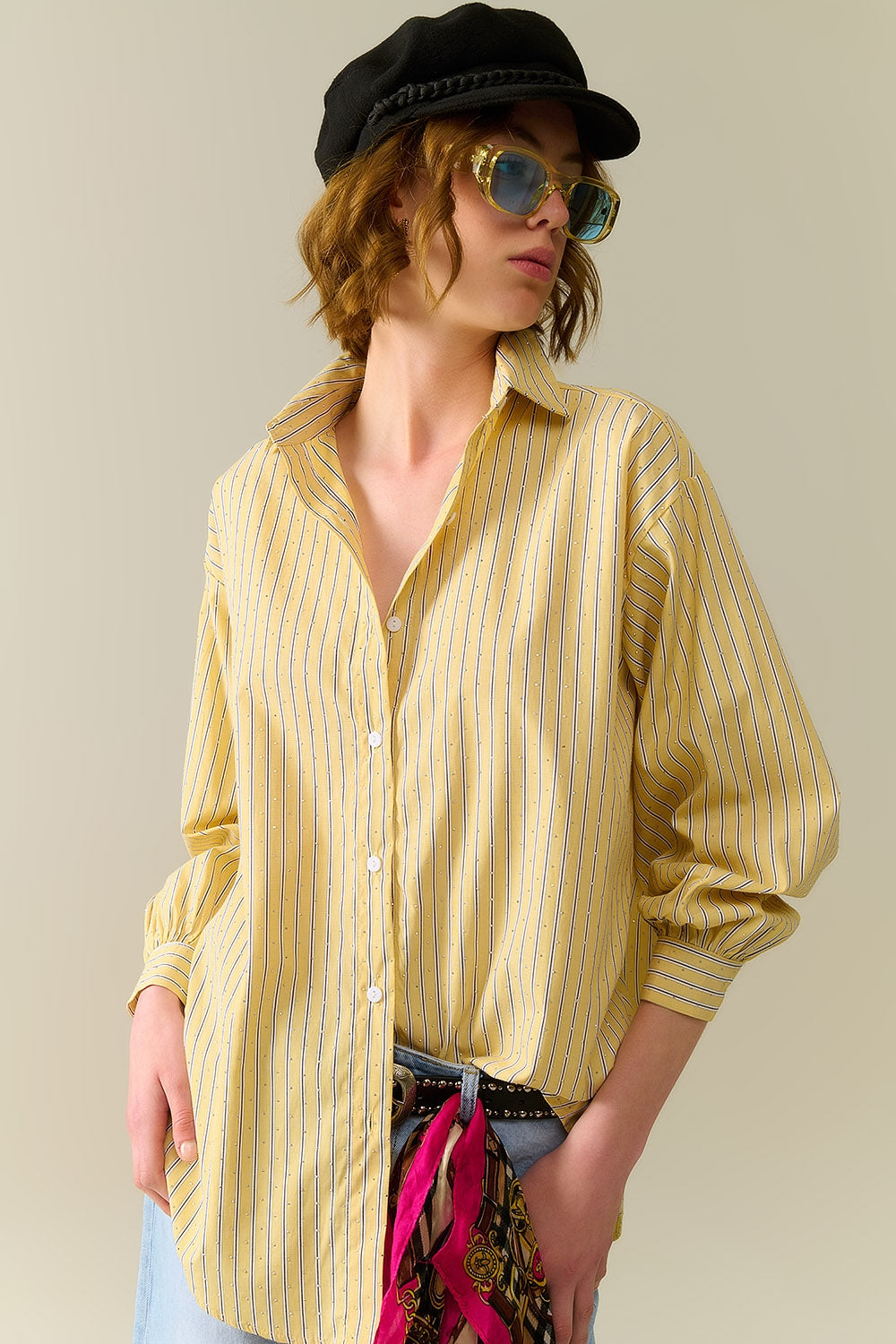 Q2 camisa de popelina às riscas amarela com strass