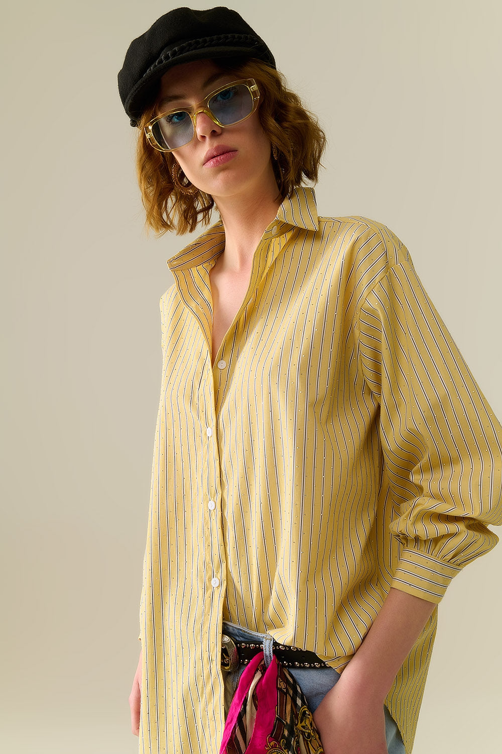camisa de popelina às riscas amarela com strass