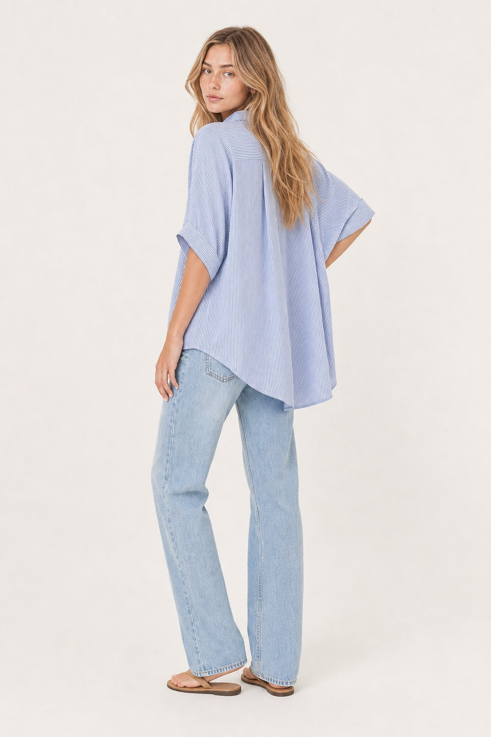 Camisa de Popeline Azul Listrada Oversized com Botões de Estrela-do-mar