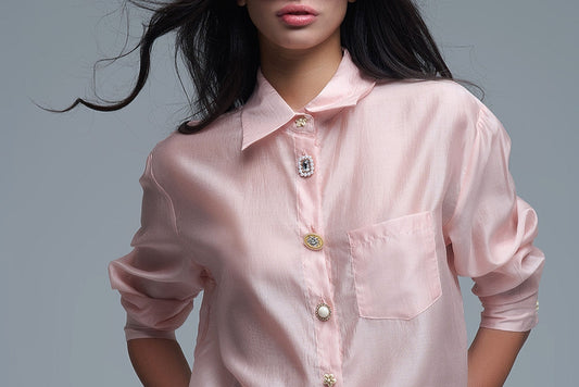 Q2 Camisa de seda solta com botões em cor-de-rosa