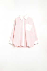 Camisa Listrada Rosa com bolso e colarinho branco