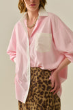Camisa Listrada Rosa com bolso e colarinho branco