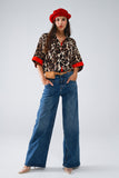 Camisa Manga 3/4 Leopardo Com Detalhes Vermelhos