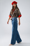 Camisa Manga 3/4 Leopardo Com Detalhes Vermelhos