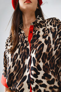 Camisa Manga 3/4 Leopardo Com Detalhes Vermelhos