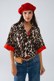 Q2 Camisa Manga 3/4 Leopardo Com Detalhes Vermelhos