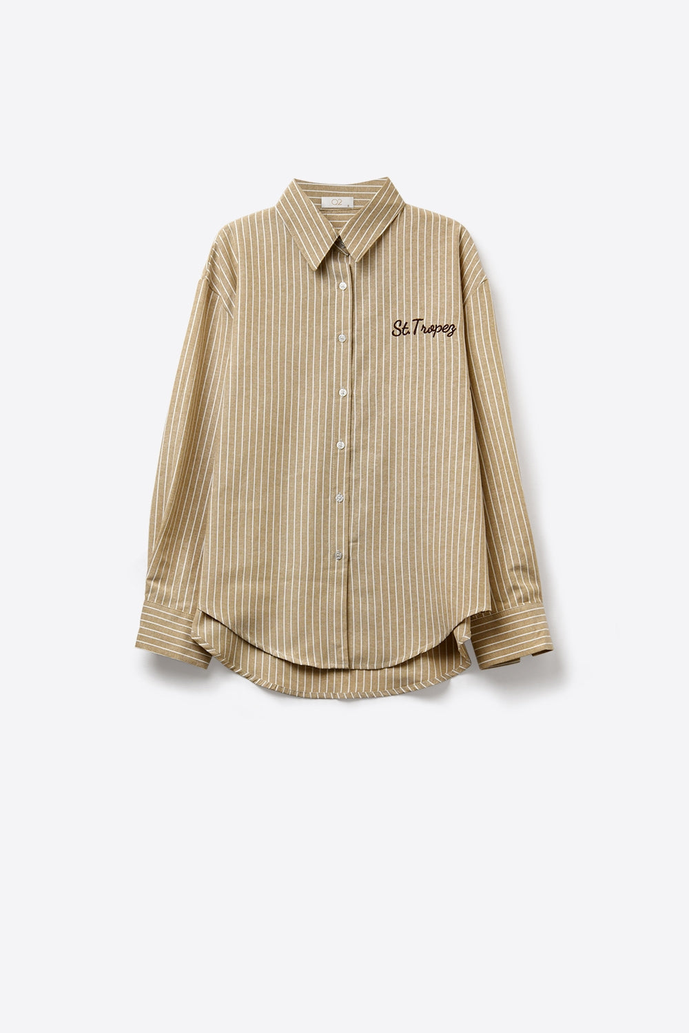 Camisa Oxford bege às riscas com bordado à frente e atrás St. Tropez