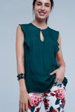 Camisa sem mangas com folhos em verde escuro