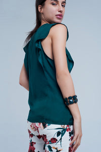 Camisa sem mangas com folhos em verde escuro