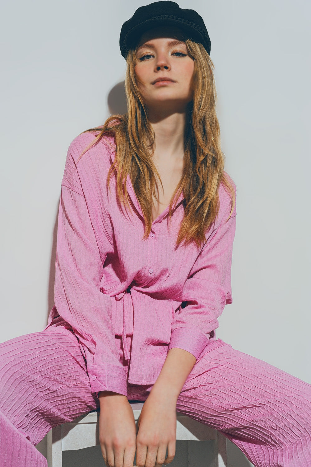 Q2 Camisa Solta Texturizada em Rosa