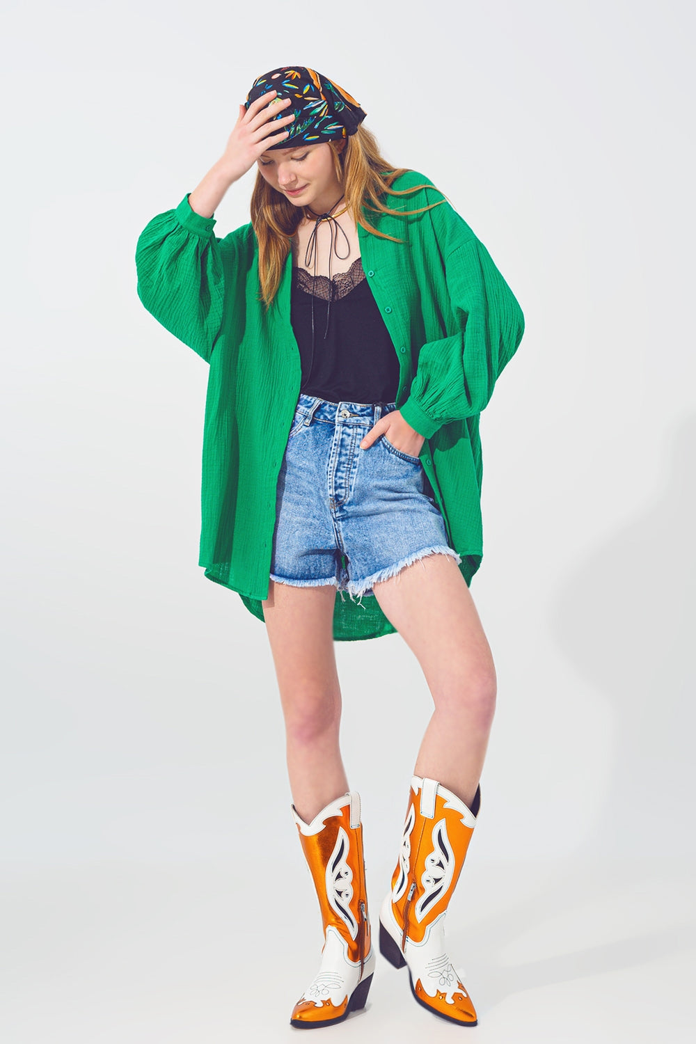 Camisa Solta Texturizada em Verde