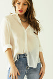 Camisa tencel semi-transparente com bolso no peito em branco