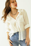 Q2 Camisa tencel semi-transparente com bolso no peito em branco