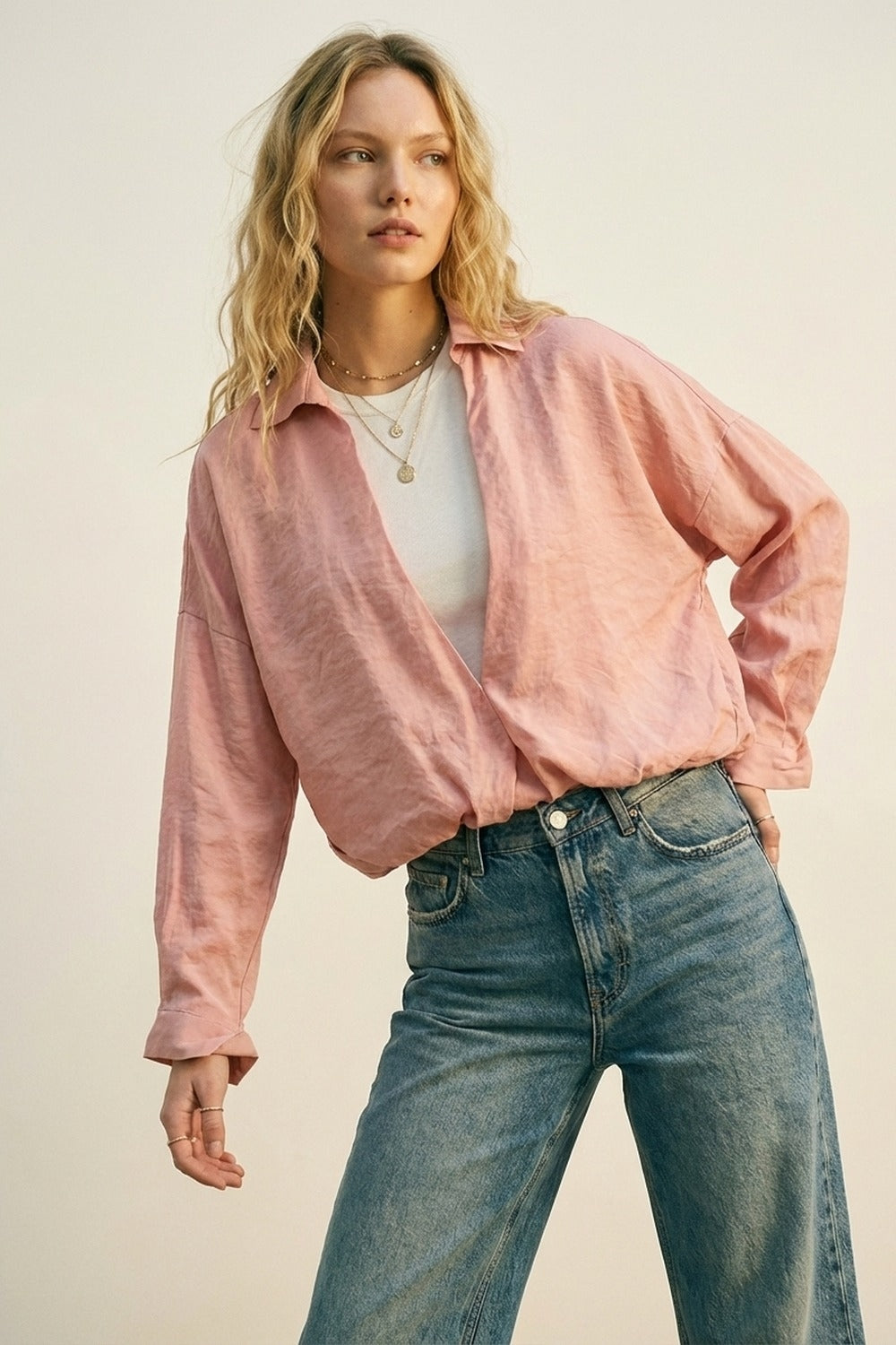 Q2 Camisa Texturizada Leve de Ajuste Relaxado Rosa e camiseta branca por dentro