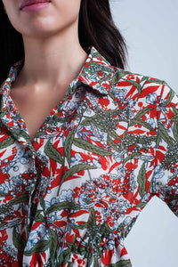 Camisa vermelha com folha e flor print
