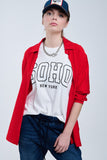 Camisa vermelha de corte descontraído Manga 3/4 e bainha alta baixa