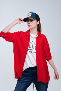 Camisa vermelha de corte descontraído Manga 3/4 e bainha alta baixa