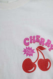 Camiseta branca com cereja no logotipo e letras