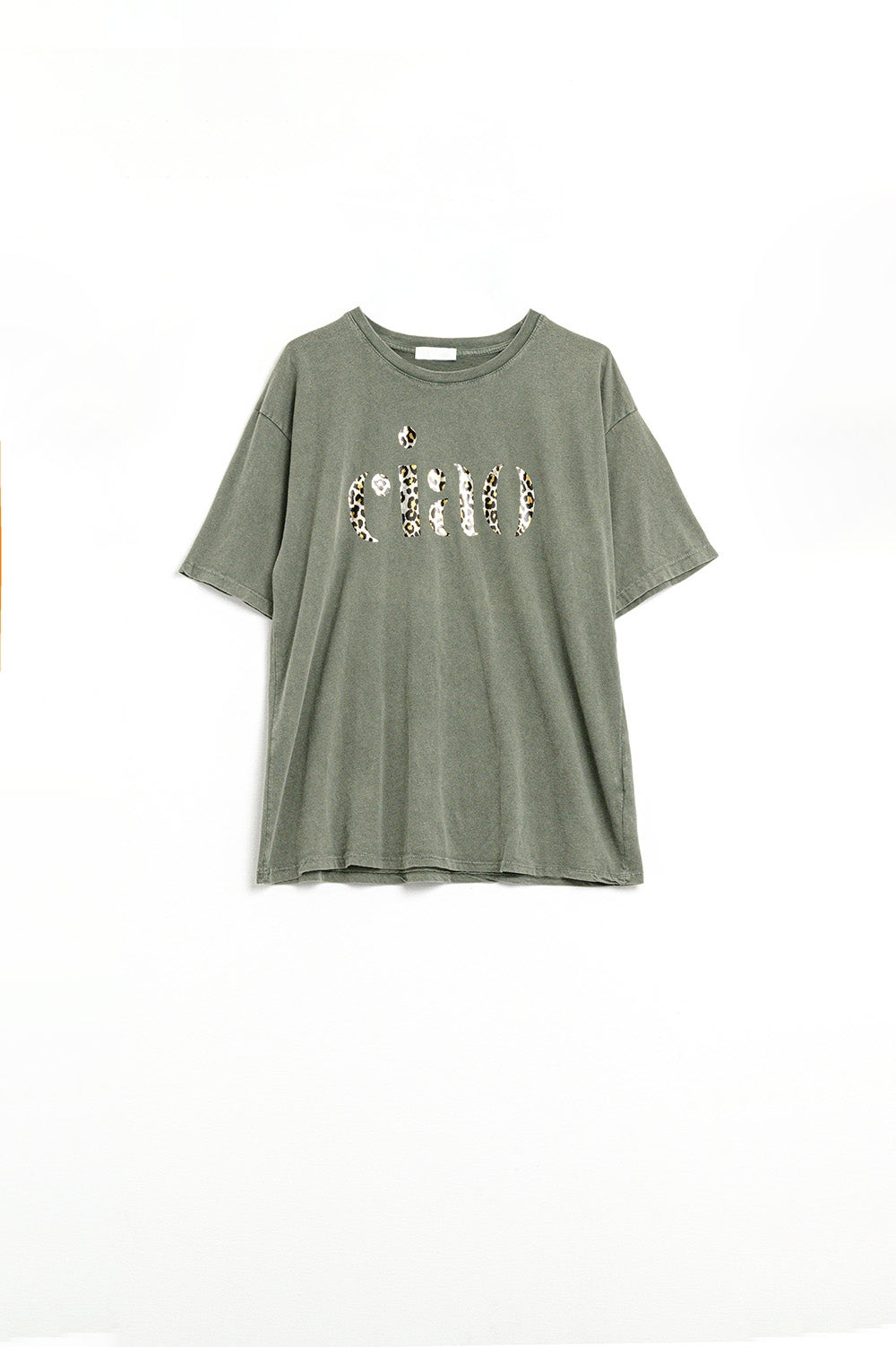 Q2 Camiseta cáqui descontraída com Ciao em estampa de leopardo