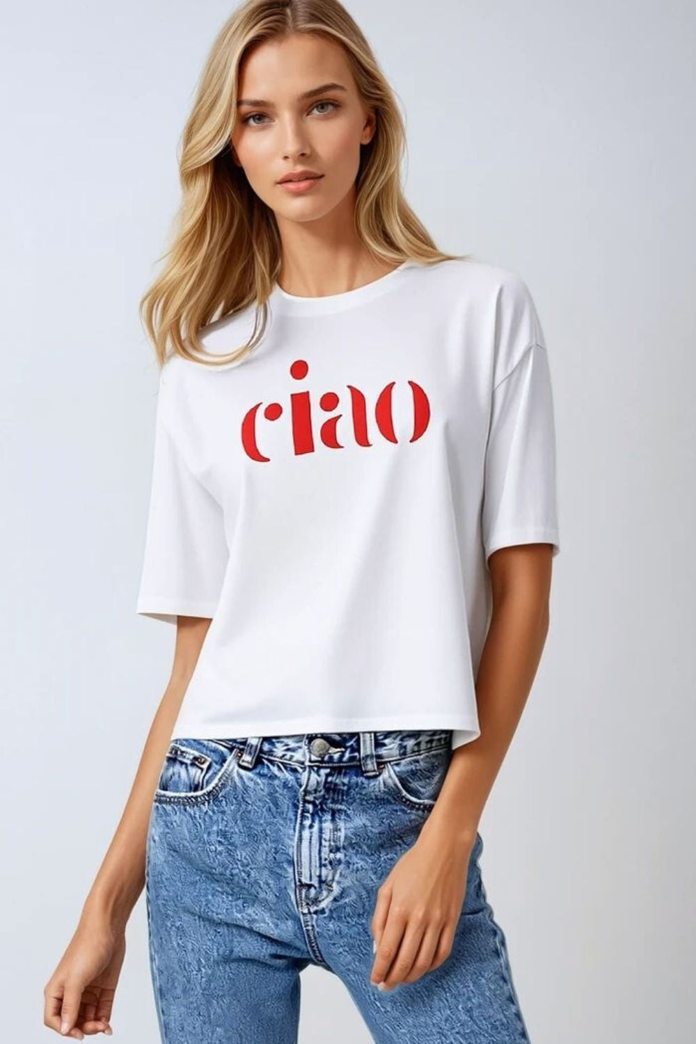 Q2 Camiseta de algodão feita na Itália com logotipo Ciao em vermelho