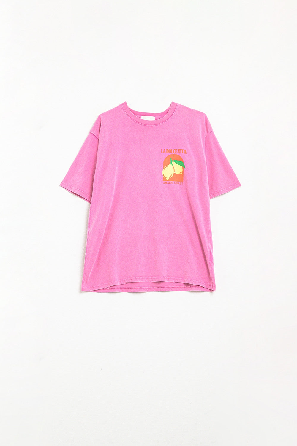 Q2 Camiseta de Corte Relaxado com Estampa La Dolce Vita em Rosa