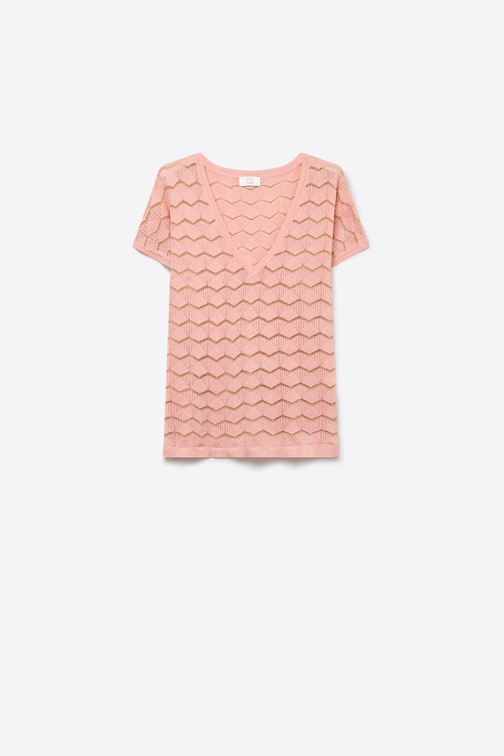 Q2 Camiseta de Malha Fina com Decote em V e Manga Curta em Rosa Claro com Chevron