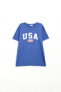 Camiseta longa azul solta com logotipo dos USA
