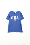 Camiseta longa azul solta com logotipo dos USA