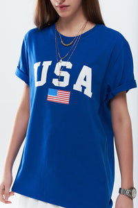 Q2 Camiseta longa azul solta com logotipo dos USA