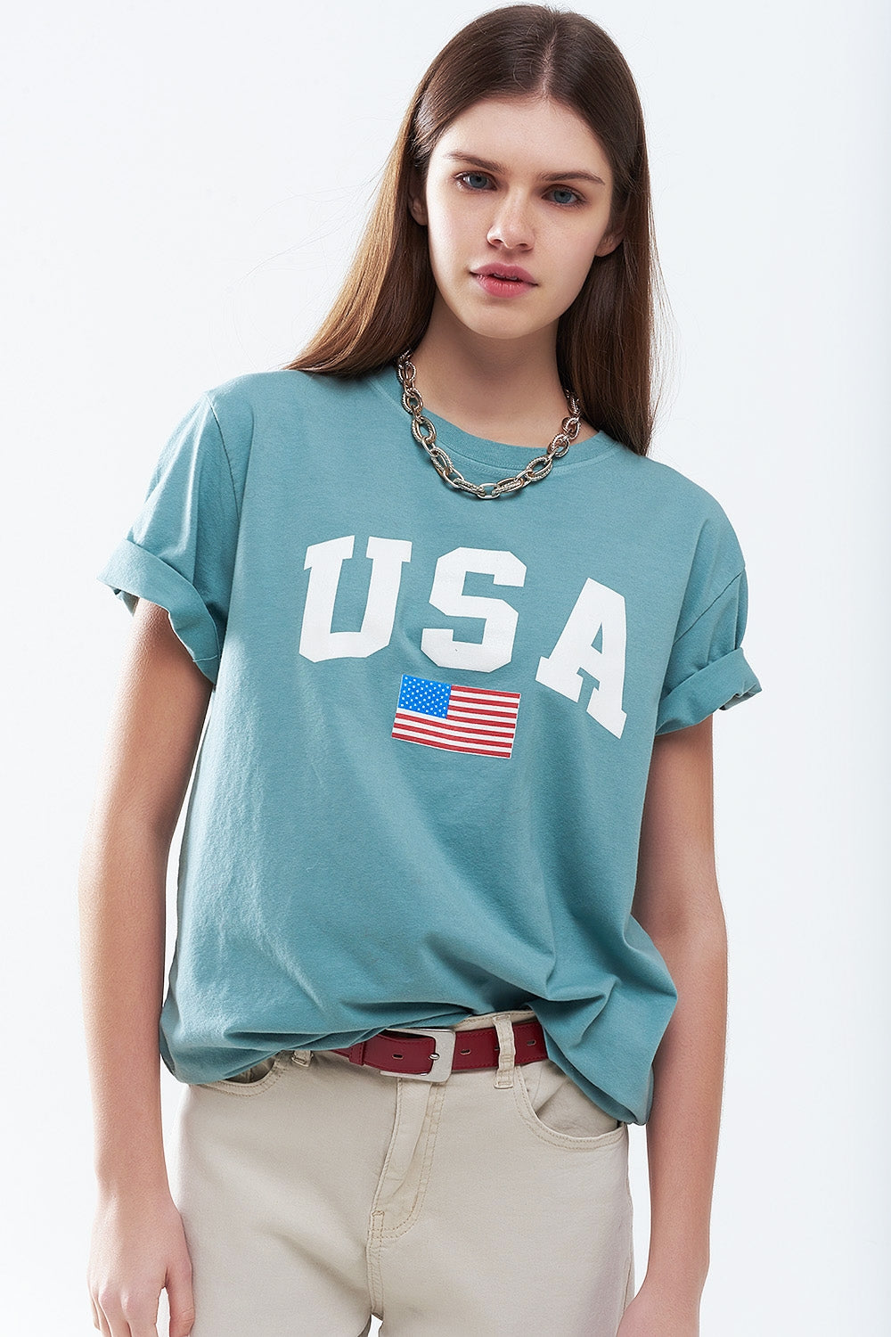 Q2 Camiseta longa solta verde com logotipo dos USA