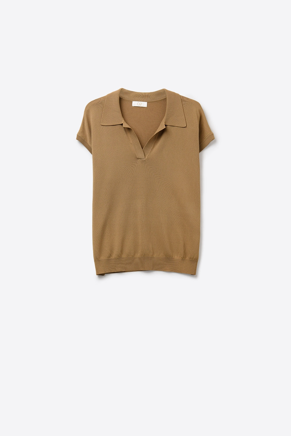 Q2 Camiseta Polo de Malha Fina em Camelo com Mangas Curtas