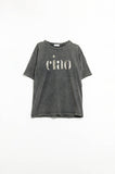 Camiseta preta relaxada stonewashed com Ciao em estampa de leopardo