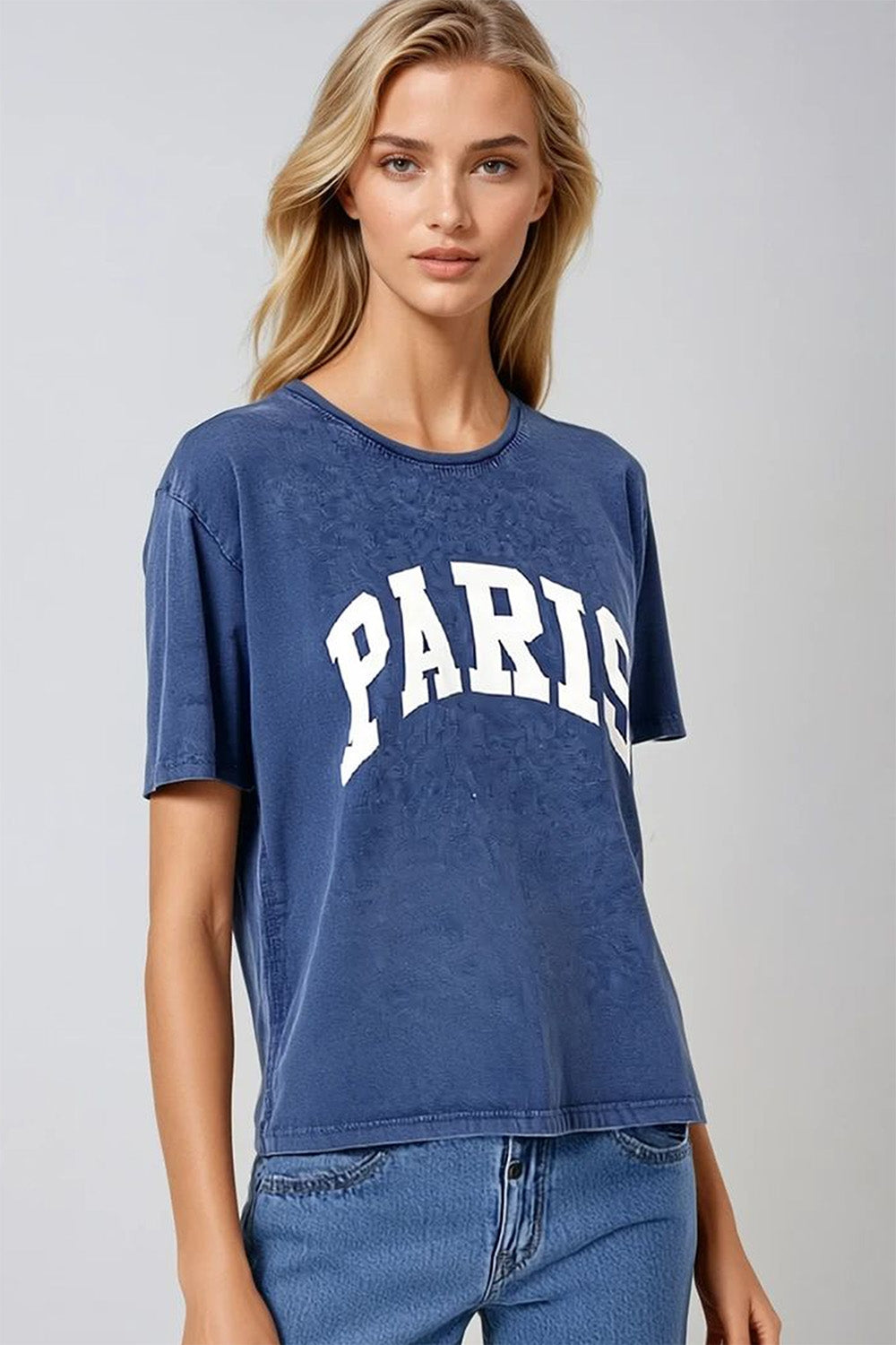 Q2 Camiseta Relaxada Azul-Marinho Paris com Letras Brancas