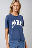 Q2 Camiseta Relaxada Azul-Marinho Paris com Letras Brancas